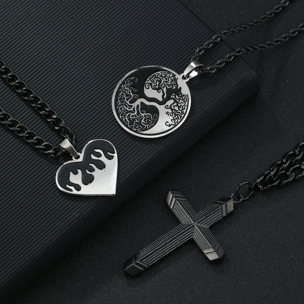 3-Piece Tree of Life Necklace Set - Men’s Stainless Steel Black Oil Pendant
