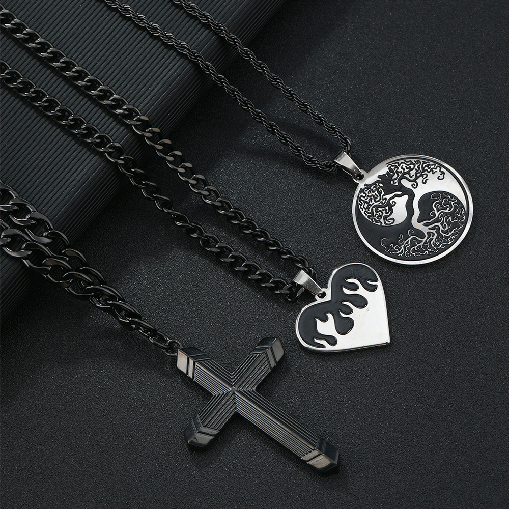 3-Piece Tree of Life Necklace Set - Men’s Stainless Steel Black Oil Pendant