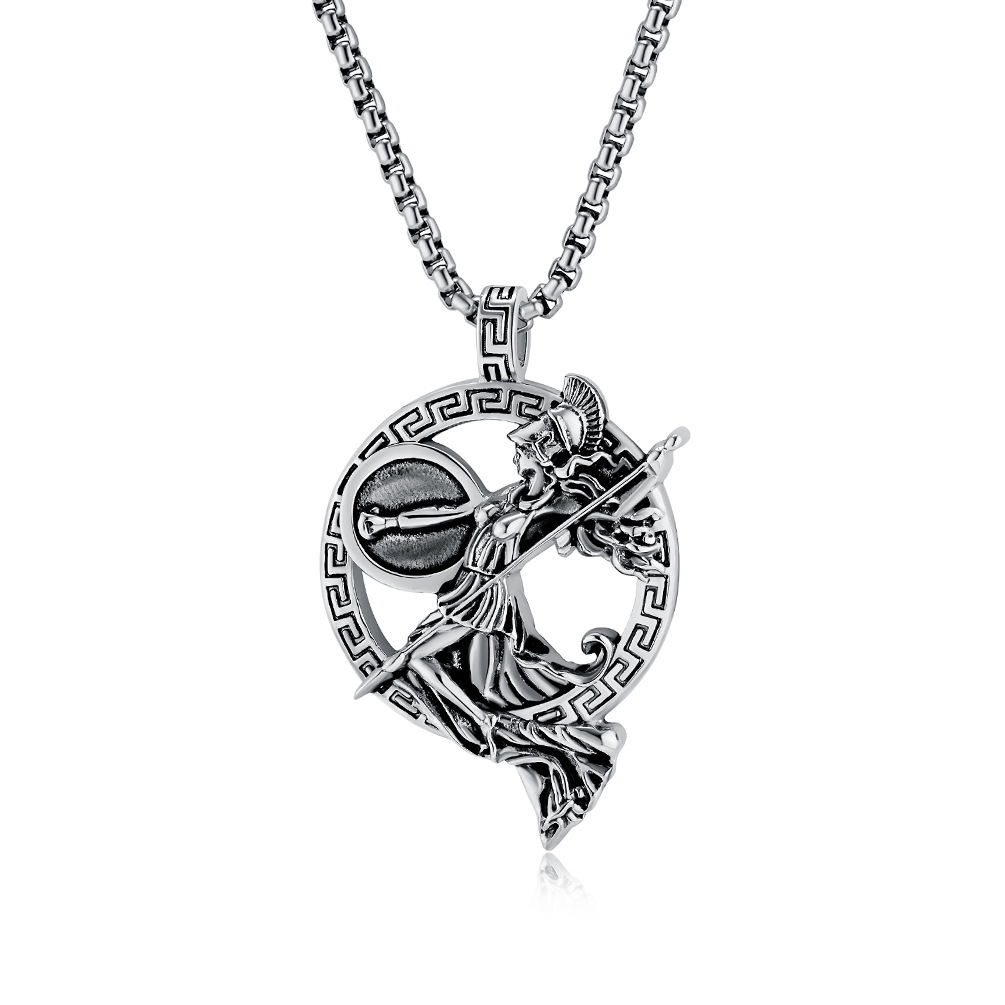Athena Pendant Necklace, Greek Goddess of War in Dynamic Pose with Spear and Shield-stylishnooks