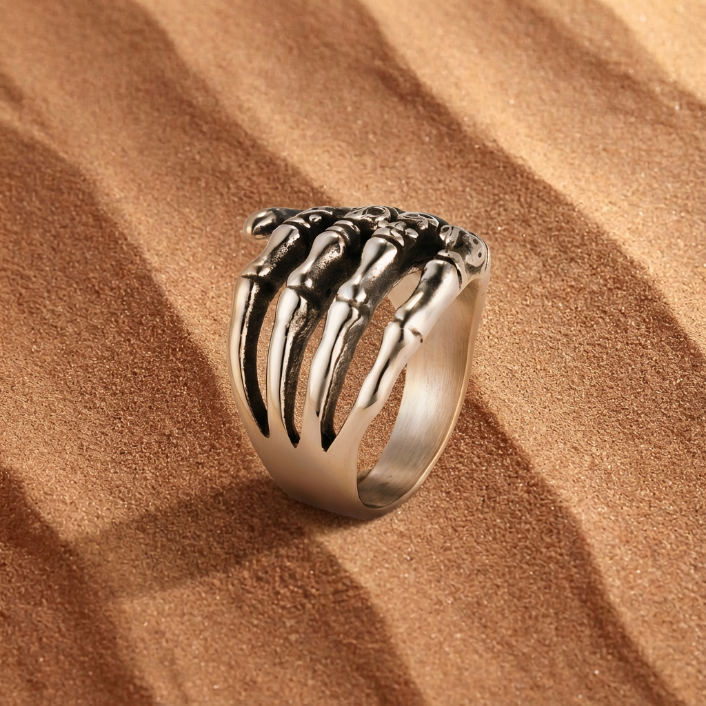 Skeletal Hand Ring, Gothic Punk Bold Statement Band in Alloy Steel