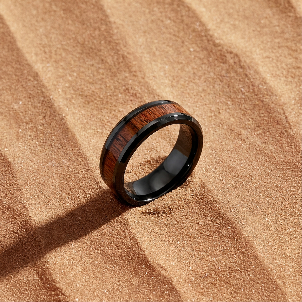 Men’s Red Wood Leather Tungsten Ring | Black Carbide Band
