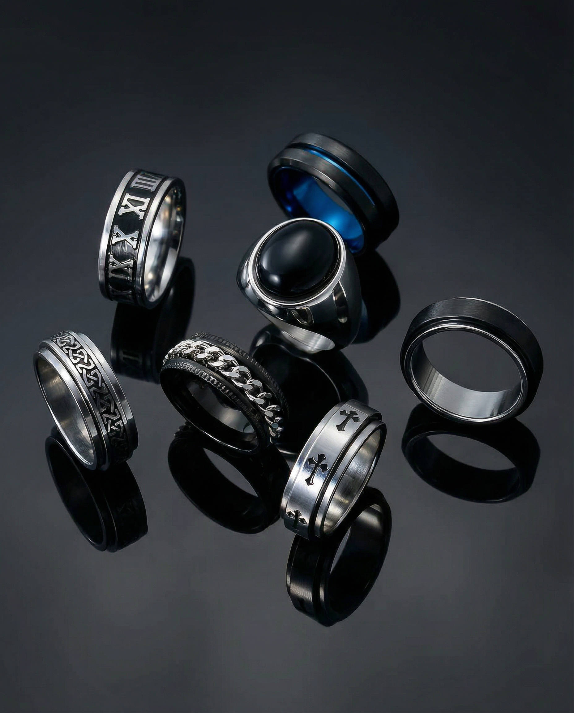 7-Piece Spinnable Black Oil Ring Set - Stainless Steel Men’s Jewelry