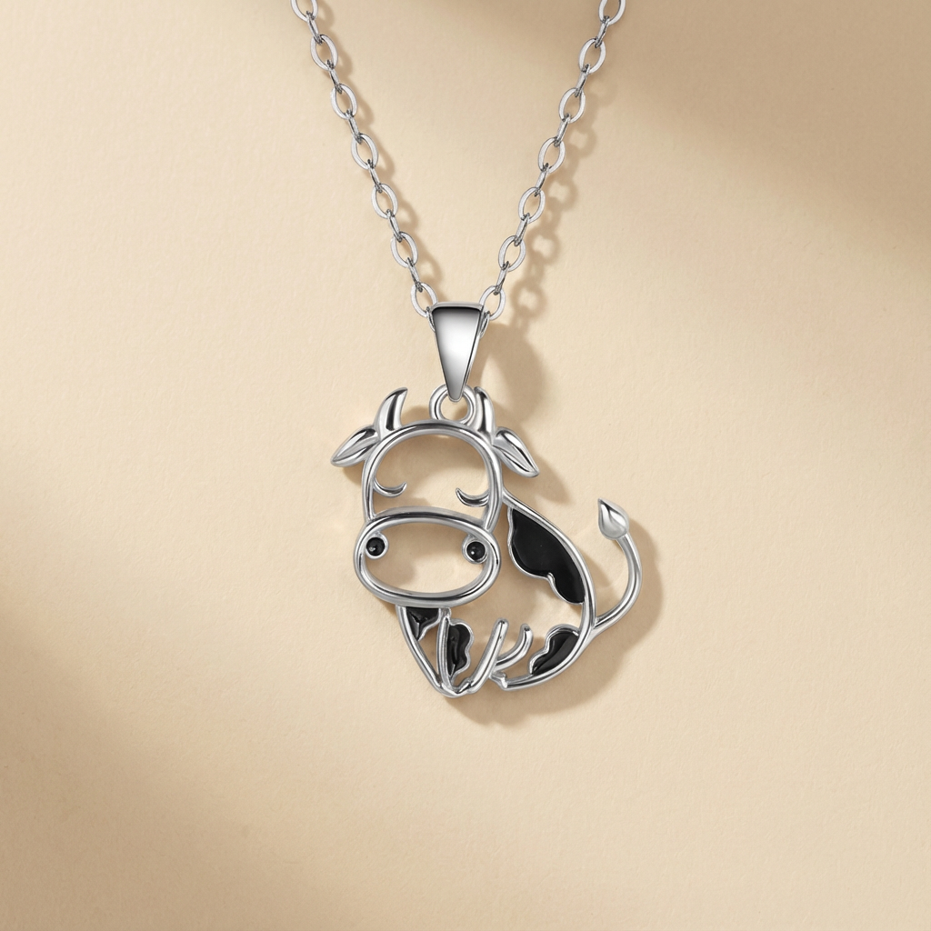 Whimsical Cow Pendant Necklace, 925 Sterling Silver Openwork Animal Jewelry