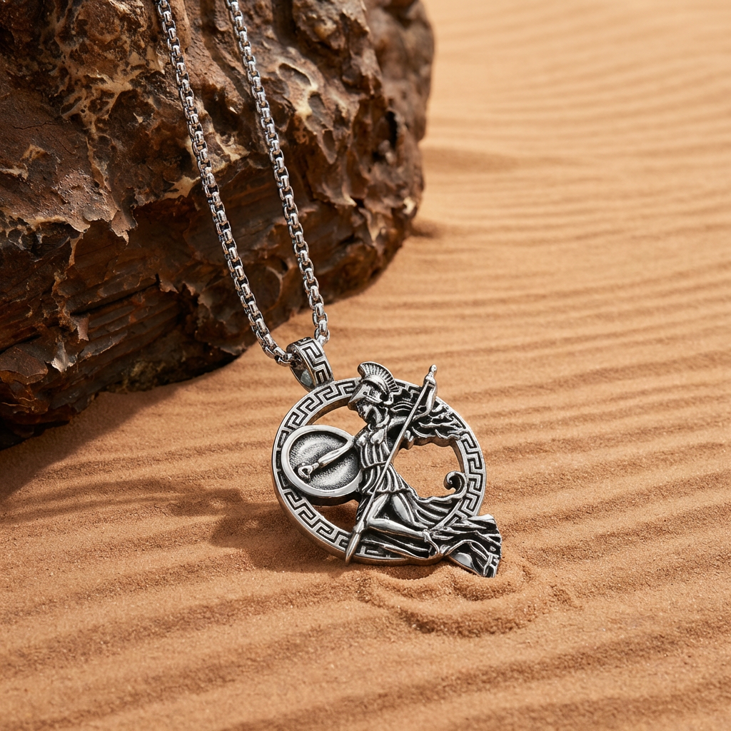 Athena Pendant Necklace, Greek Goddess of War in Dynamic Pose with Spear and Shield