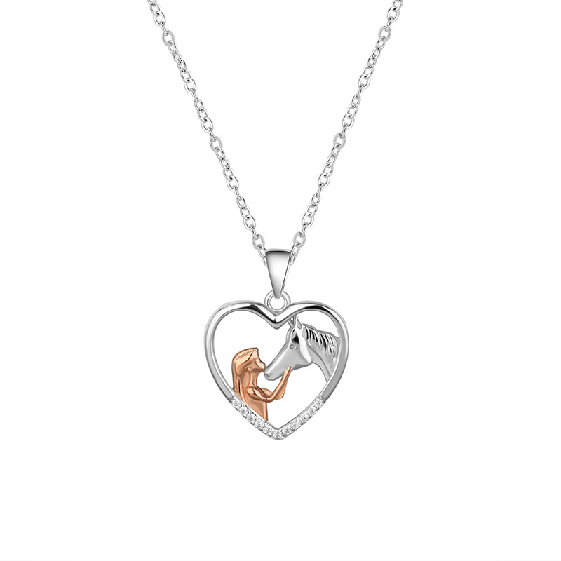 Women's Embrace the bond: A versatile, heart-shaped 925 silver pendant of a girl and her horse.-stylishnooks
