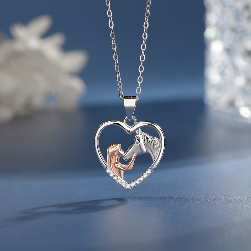 Women's Embrace the bond: A versatile, heart-shaped 925 silver pendant of a girl and her horse.-stylishnooks