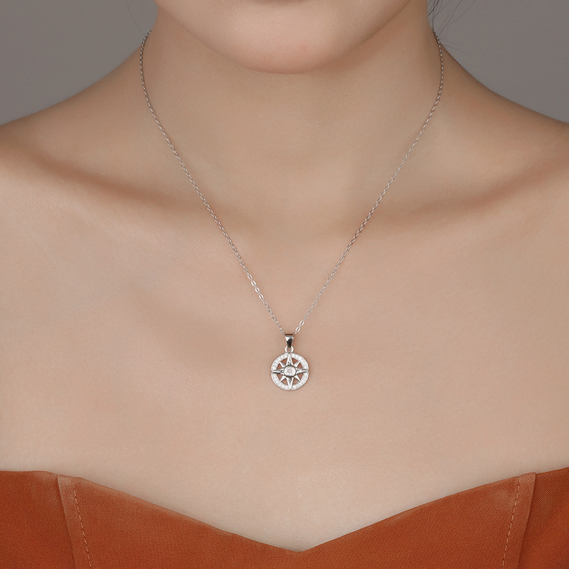 Women's Mystical Octagram Compass Necklace, 925 Sterling Silver with Diamond Accents-stylishnooks