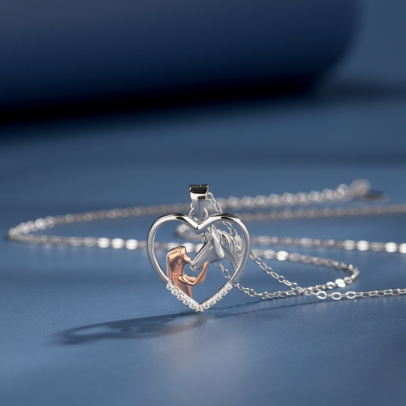 Women's Embrace the bond: A versatile, heart-shaped 925 silver pendant of a girl and her horse.-stylishnooks
