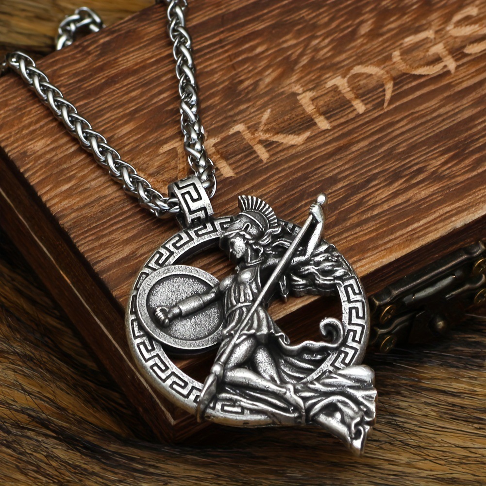 Athena Pendant Necklace, Greek Goddess of War in Dynamic Pose with Spear and Shield-stylishnooks