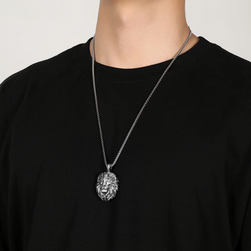 Men‘s Lion Head Pendant Necklace, Punk Style Accessory-stylishnooks