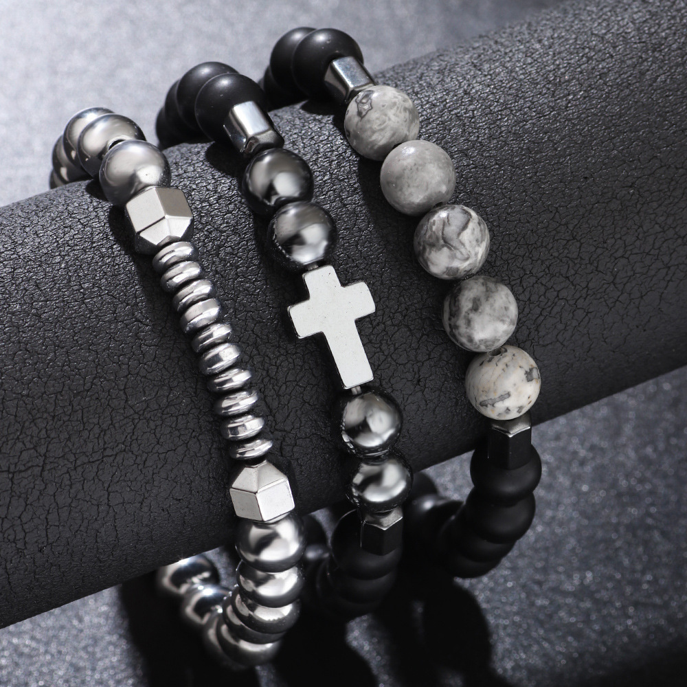 Retro Bracelet with Cross, Black Onyx (Map Stone) on Elastic Cord-stylishnooks