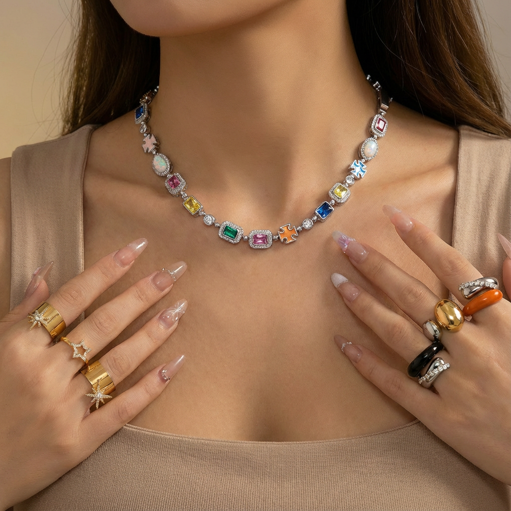 Colorful Gem CZ Necklace - Women’s Hip-hop High-end Style