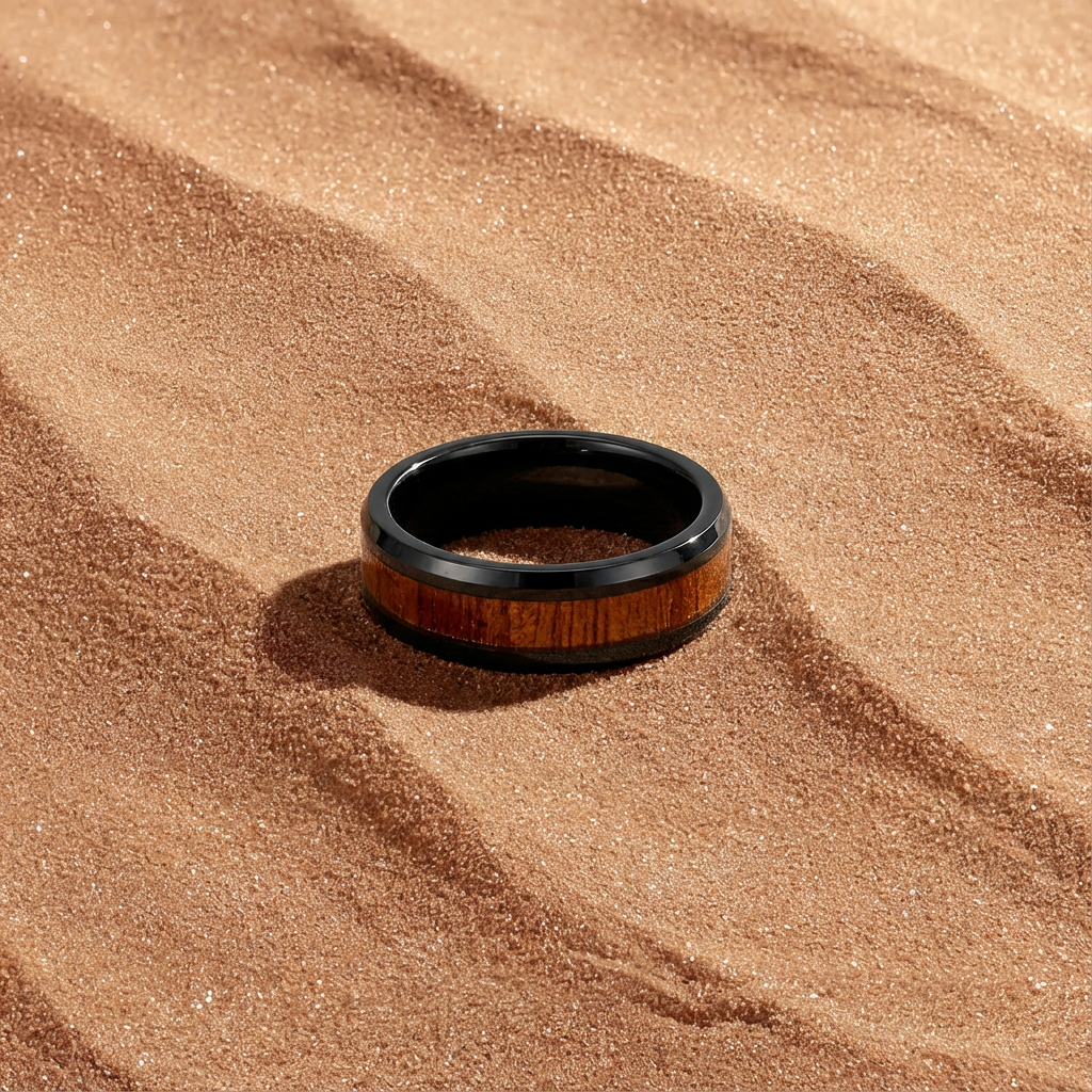 Men’s Red Wood Leather Tungsten Ring | Black Carbide Band