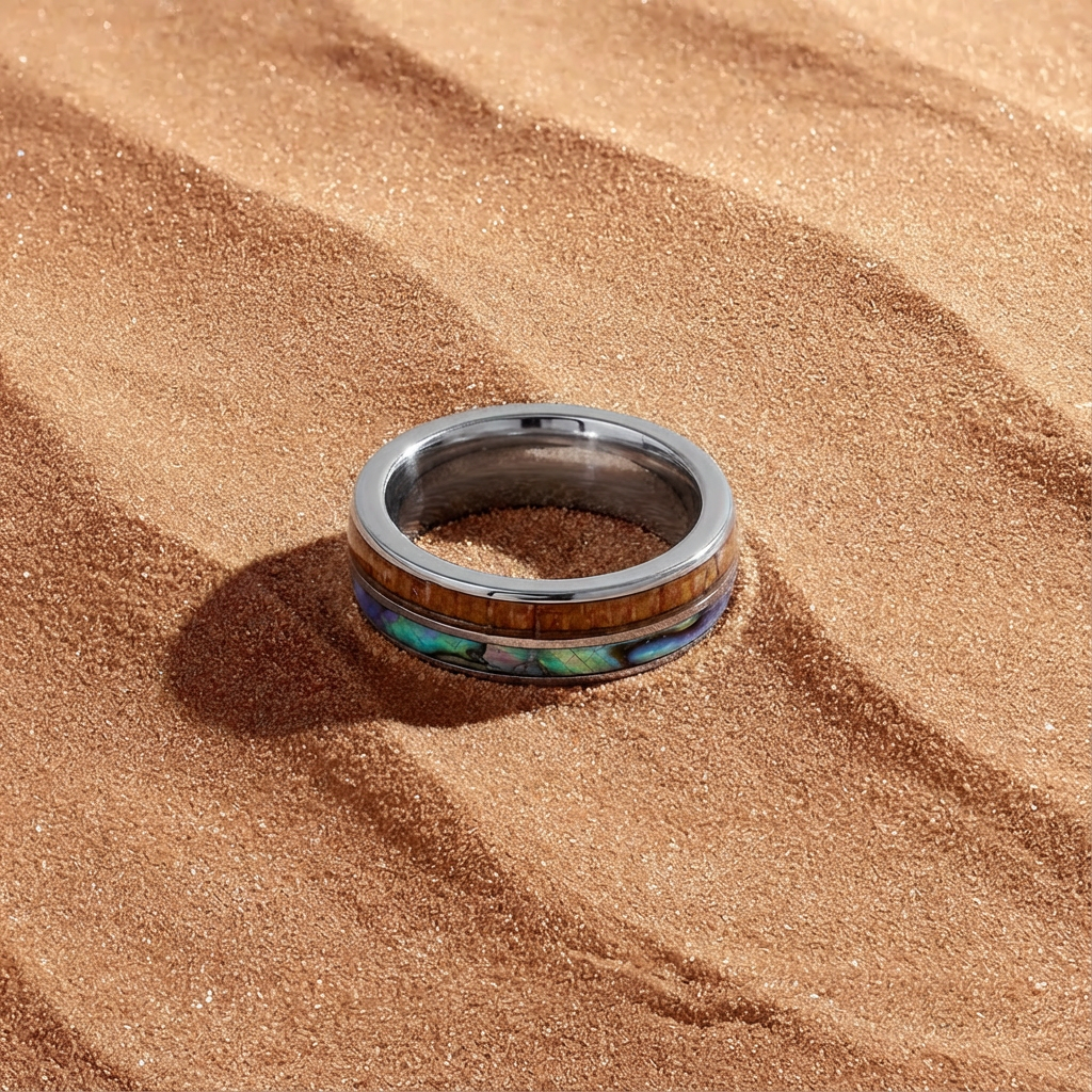 Stainless Steel Double Groove Ring - Shell & Red Wood Inlay