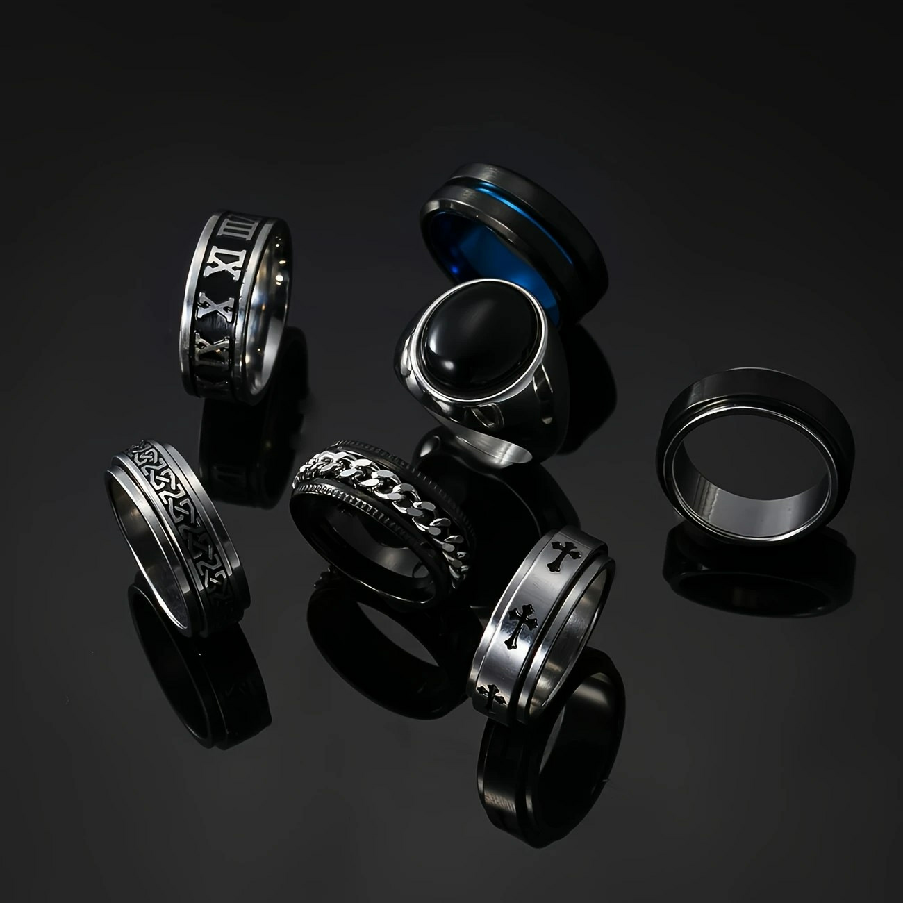 7-Piece Spinnable Black Oil Ring Set - Stainless Steel Men’s Jewelry
