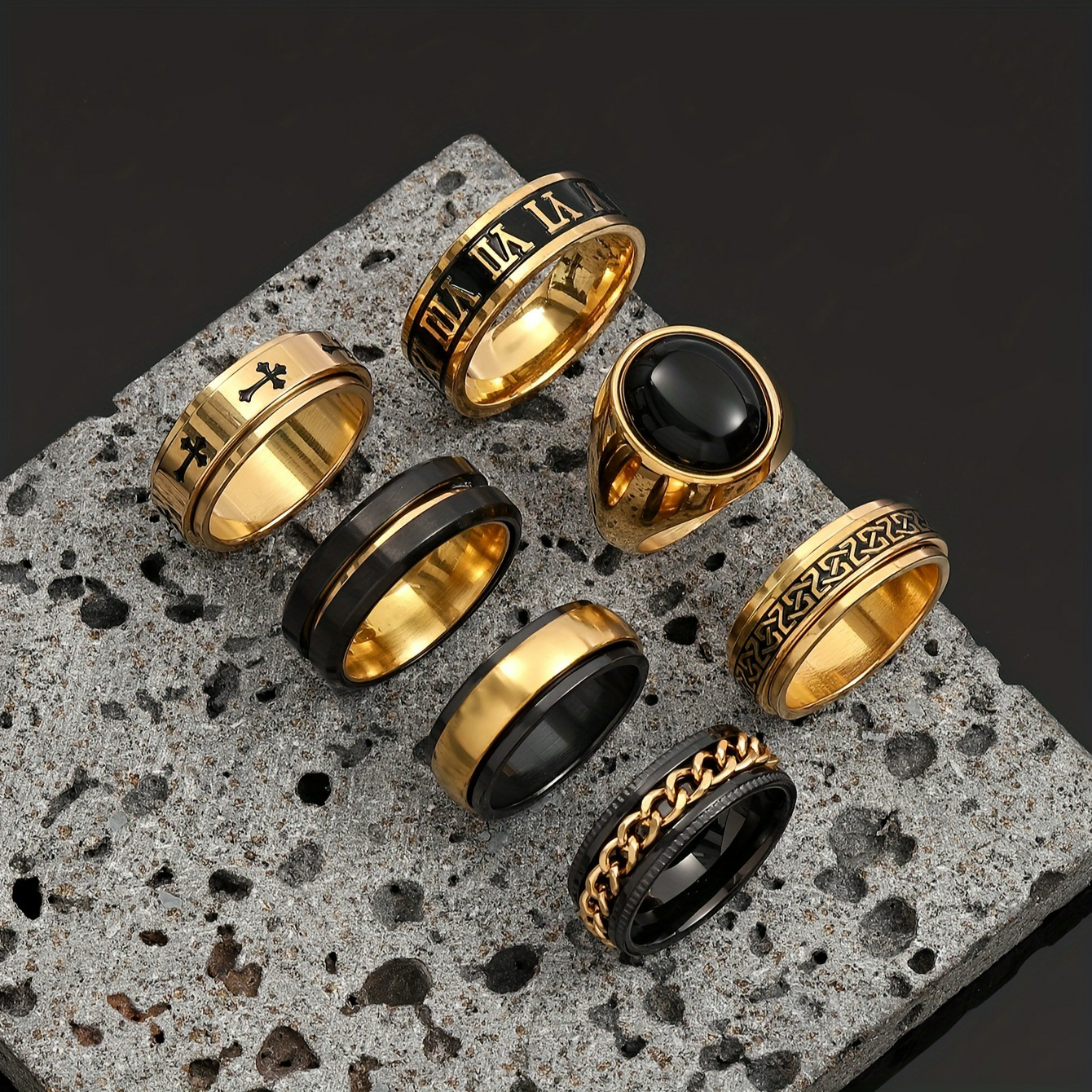 7-Piece Spinnable Black Oil Ring Set - Stainless Steel Men’s Jewelry