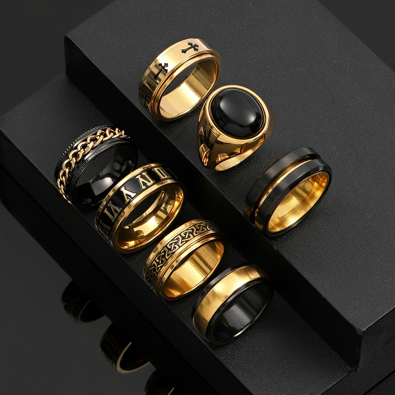 7-Piece Spinnable Black Oil Ring Set - Stainless Steel Men’s Jewelry