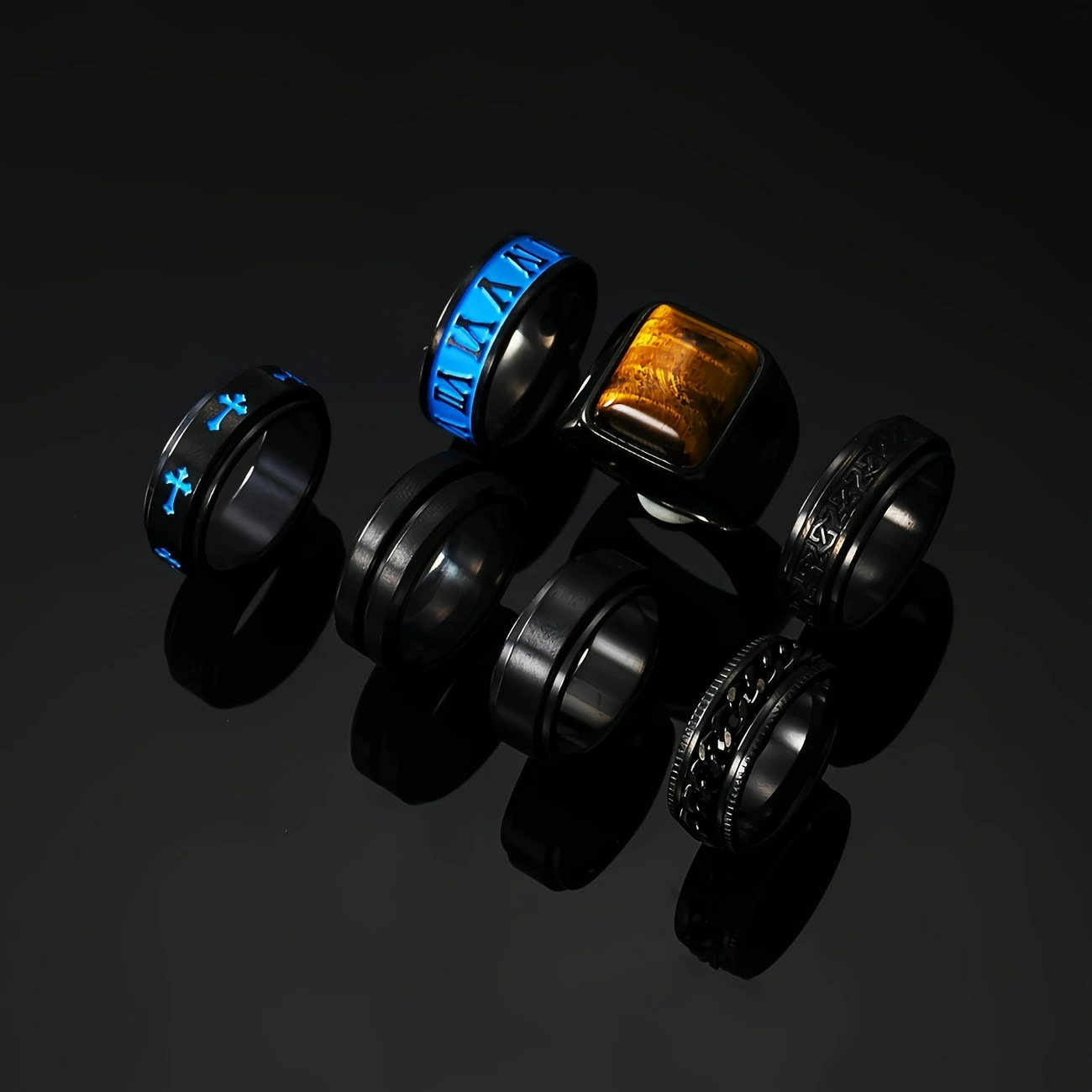 -Piece Stainless Steel Natural Stone Ring Set | Spinnable Black Oil Ring Men | StylishNooks