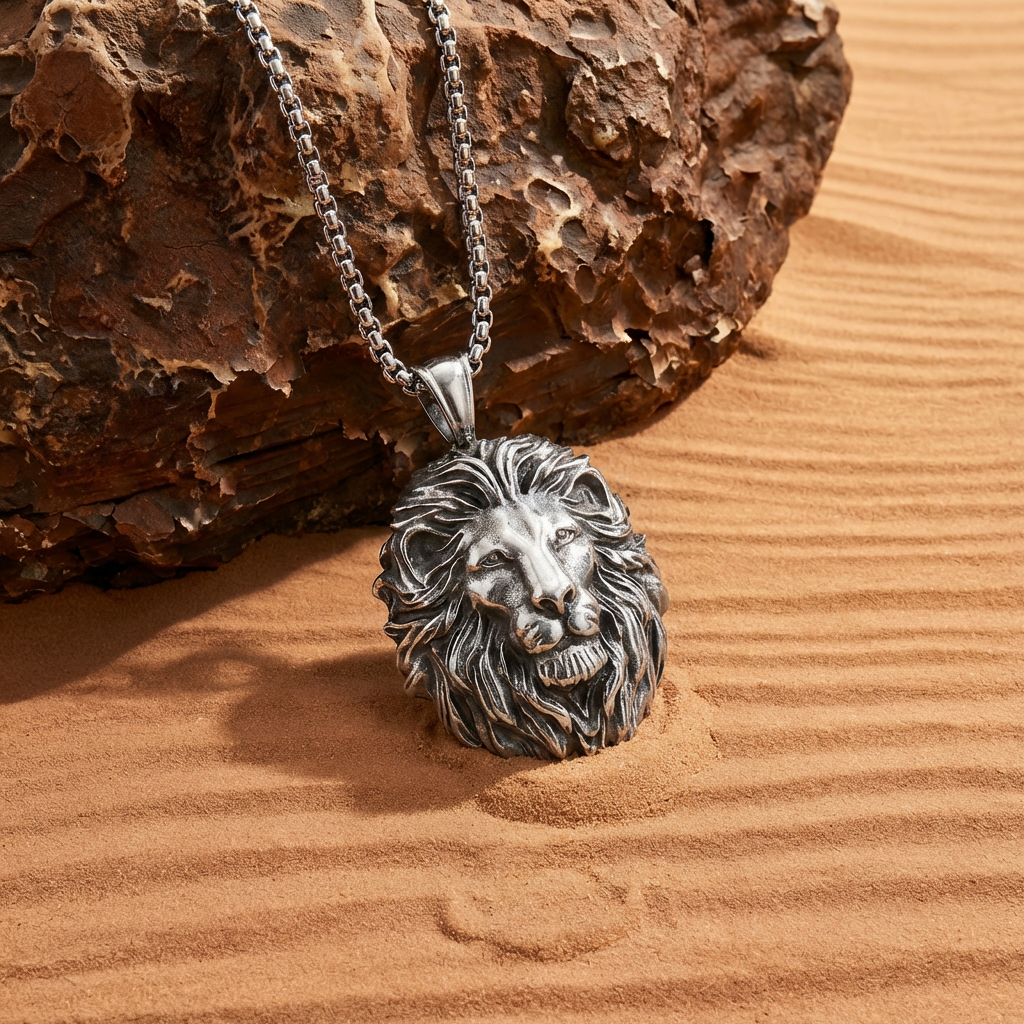 Men‘s Lion Head Pendant Necklace, Punk Style Accessory