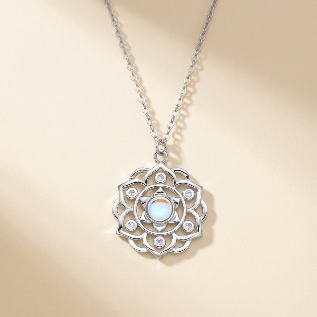 Women's Moonlit Lotus Pendant Necklace with Mystical Moonstone