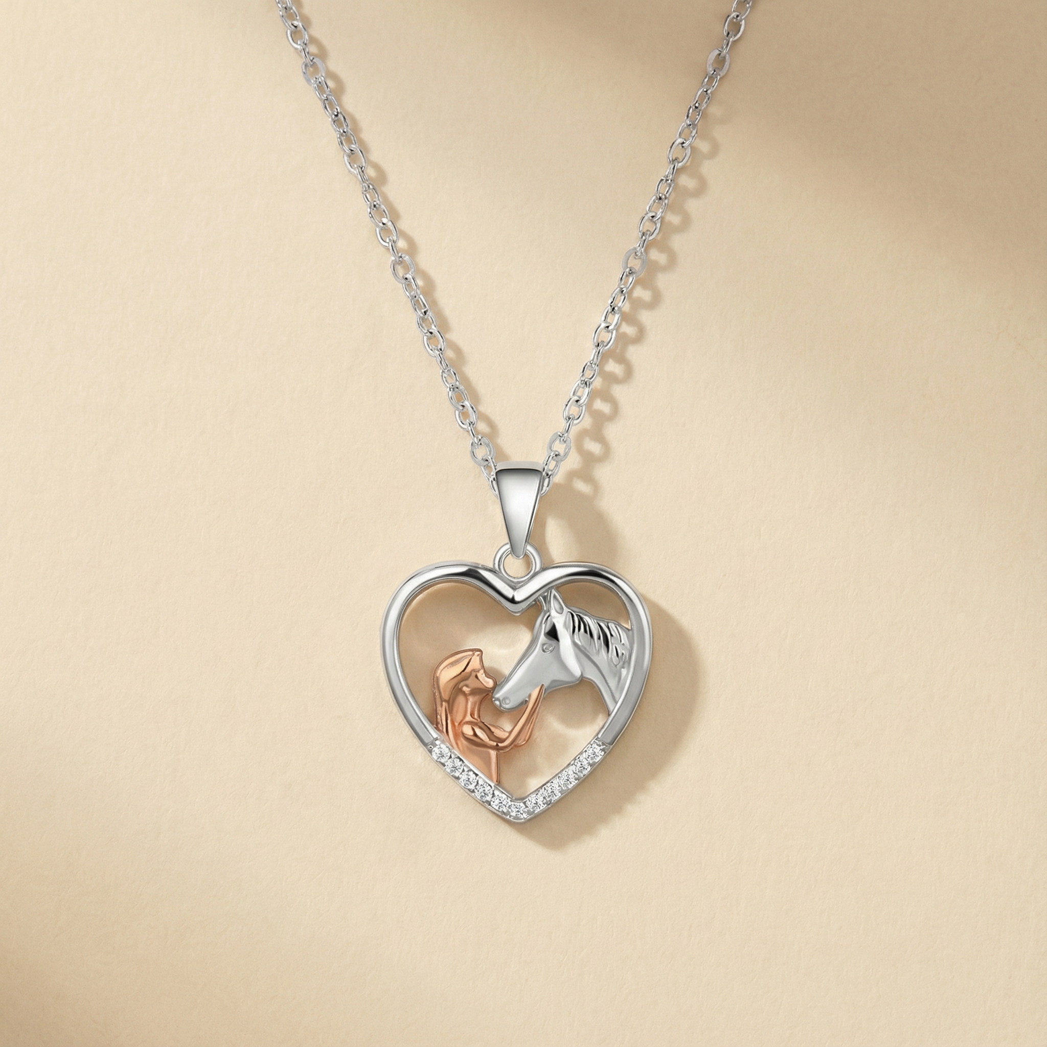 Women's Embrace the bond: A versatile, heart-shaped 925 silver pendant of a girl and her horse.