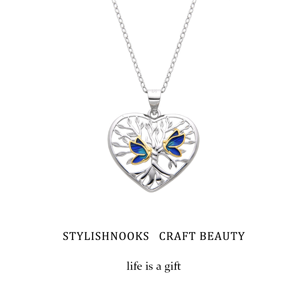 Enchanted Heart Pendant: Tree of Life with Whispering Blue Butterflies, 925 Sterling Silver-stylishnooks