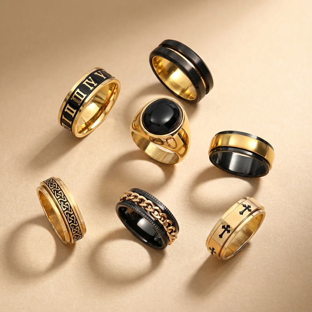 7-Piece Spinnable Black Oil Ring Set - Stainless Steel Men’s Jewelry