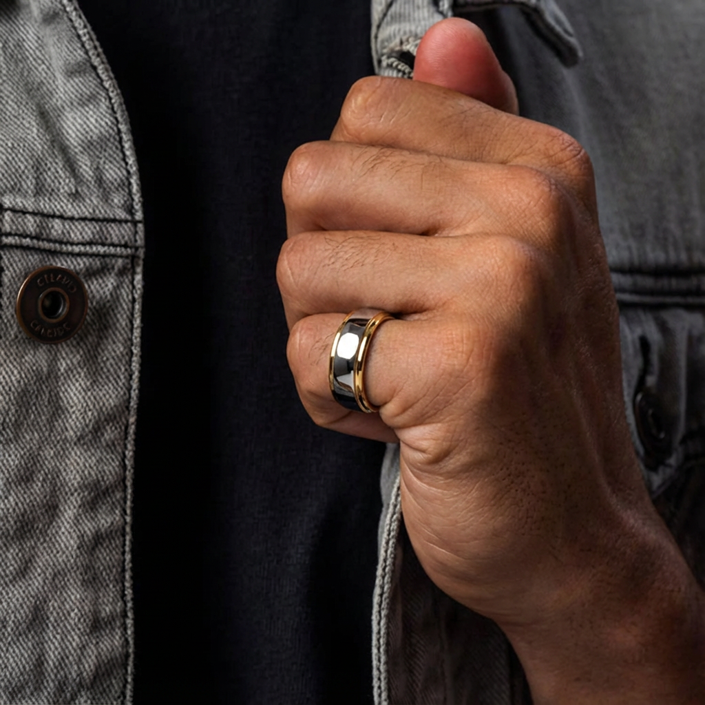 Two-Tone Domed Tungsten Ring - Gold Grooved Minimalist Band