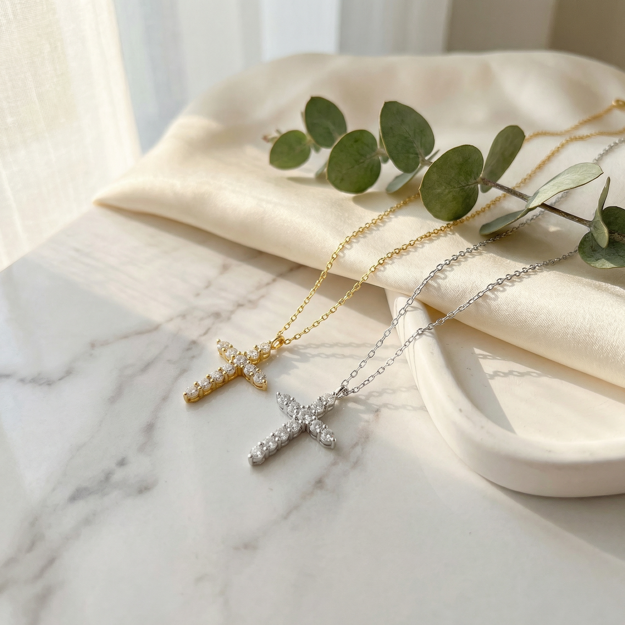 Sterling Silver Cross Necklace with Cubic Zirconia - European American Fashion Faith Pendant Choker