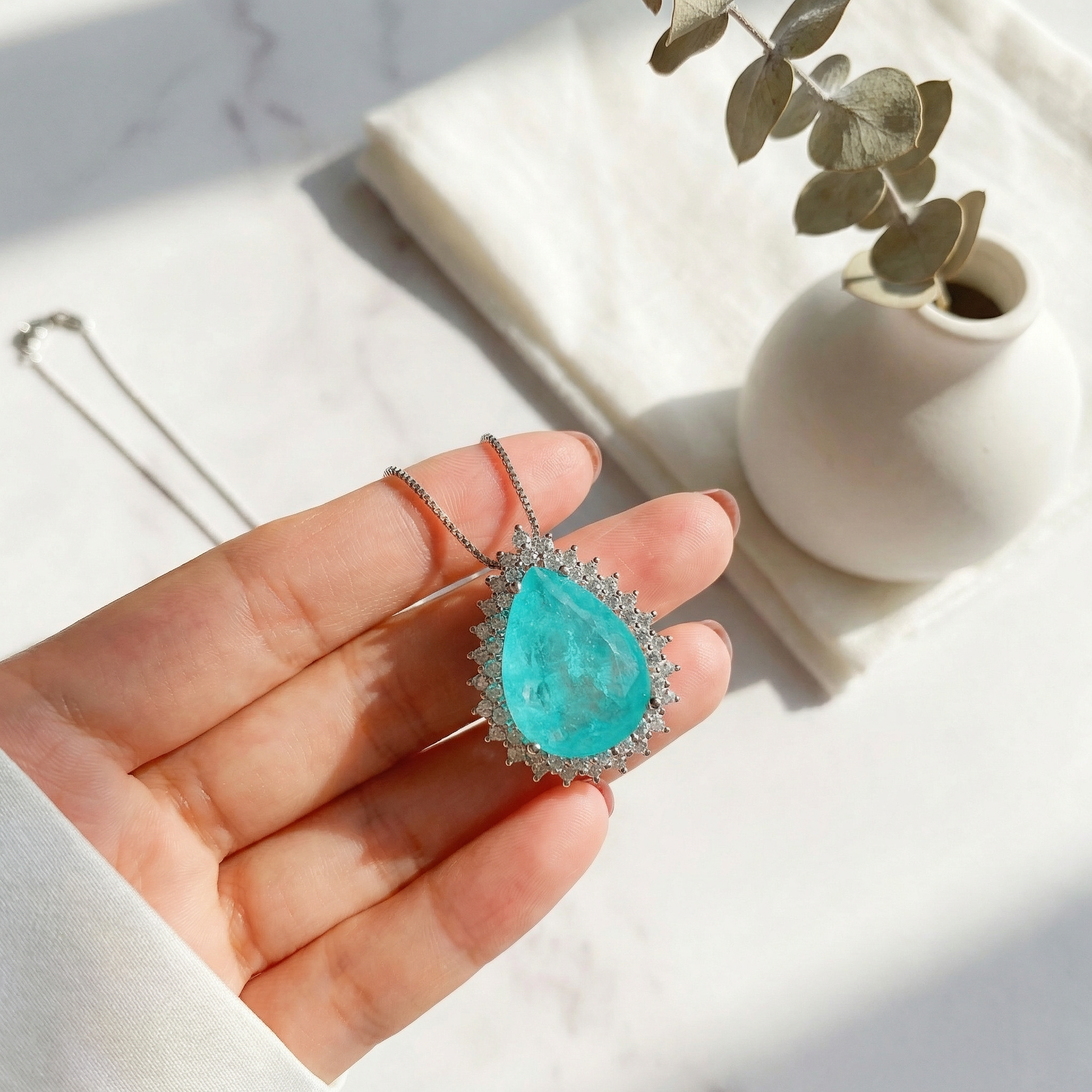 English: Neon Blue Paraiba Pendant | Micro Pave Ocean Heart Long Sweater Chain for Women