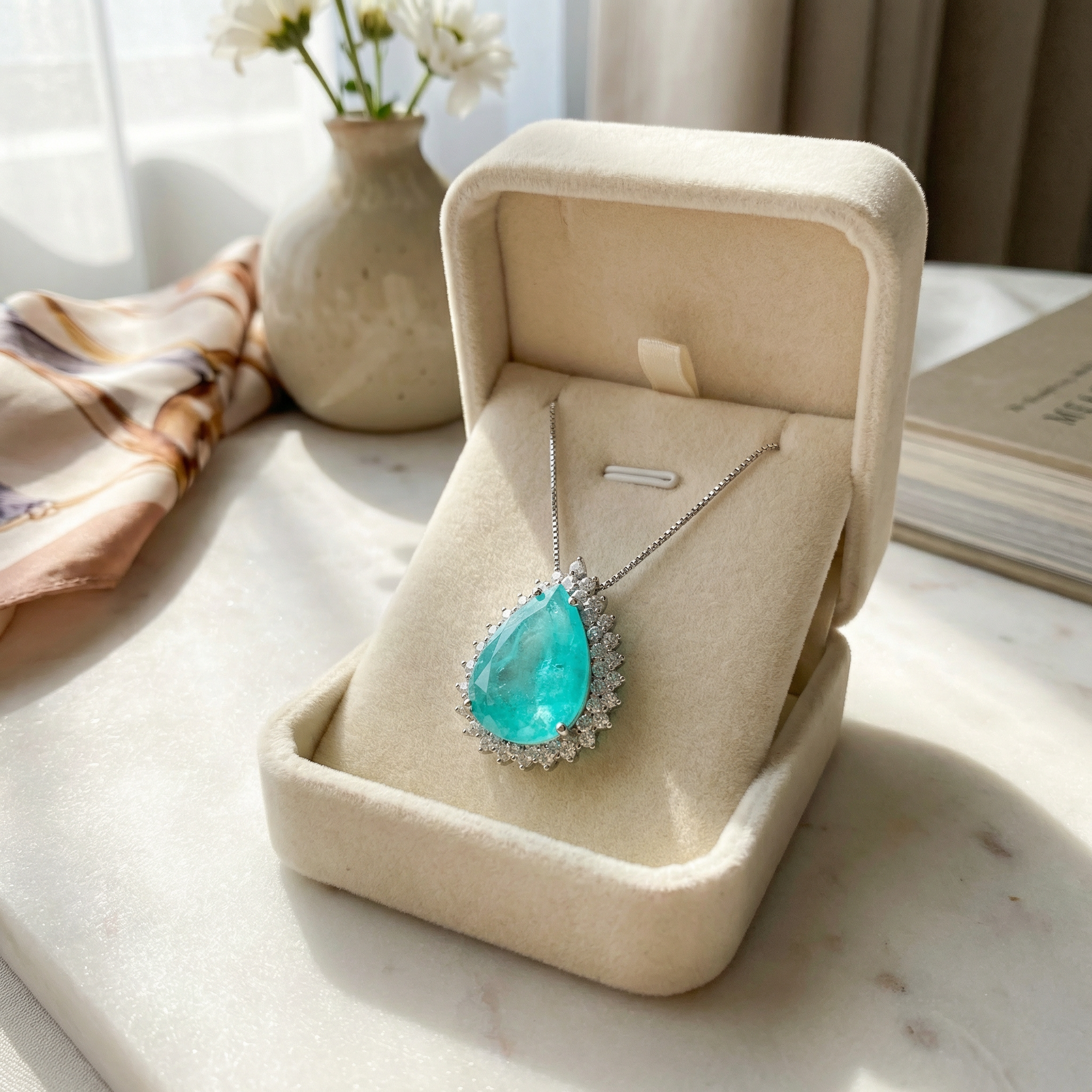 English: Neon Blue Paraiba Pendant | Micro Pave Ocean Heart Long Sweater Chain for Women