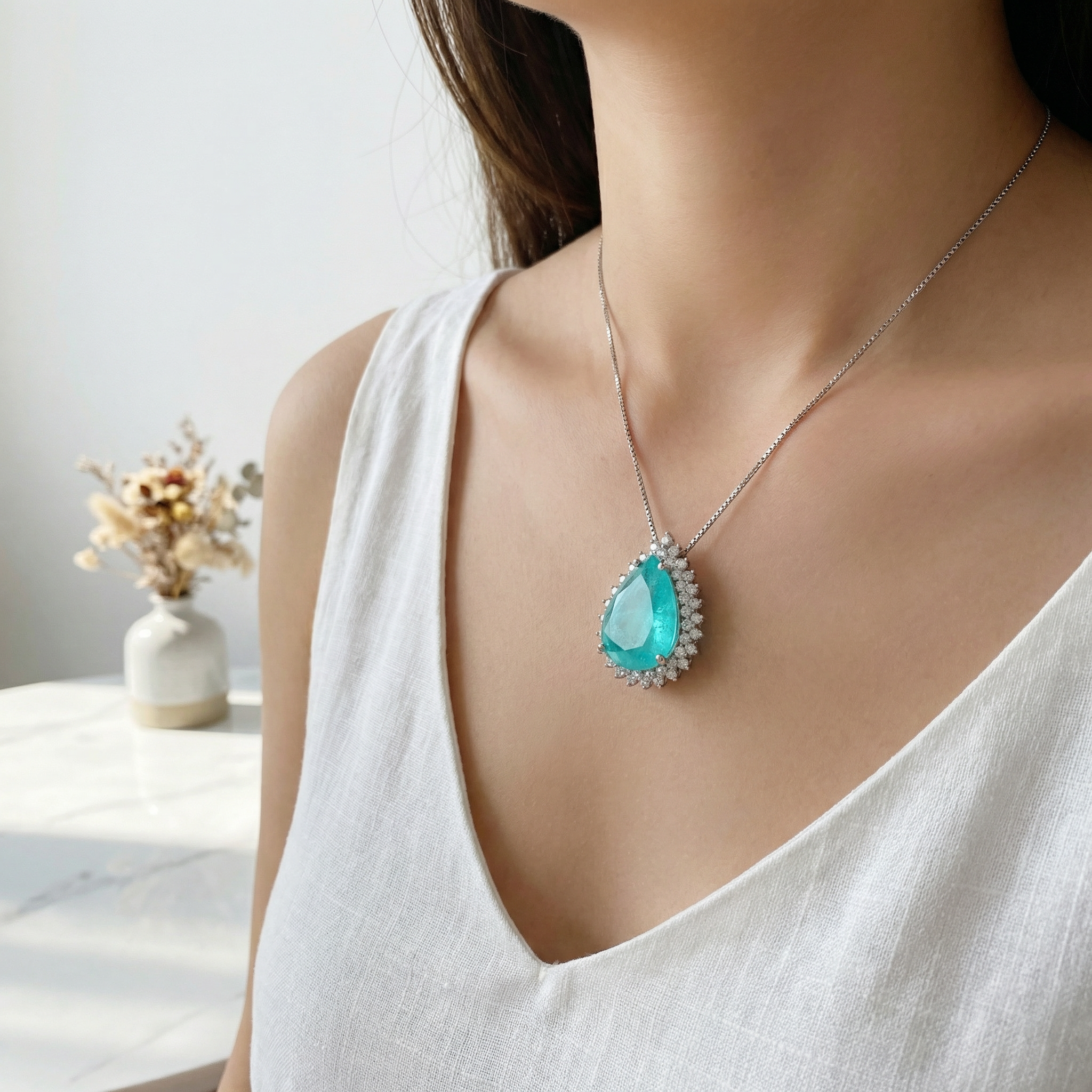 English: Neon Blue Paraiba Pendant | Micro Pave Ocean Heart Long Sweater Chain for Women