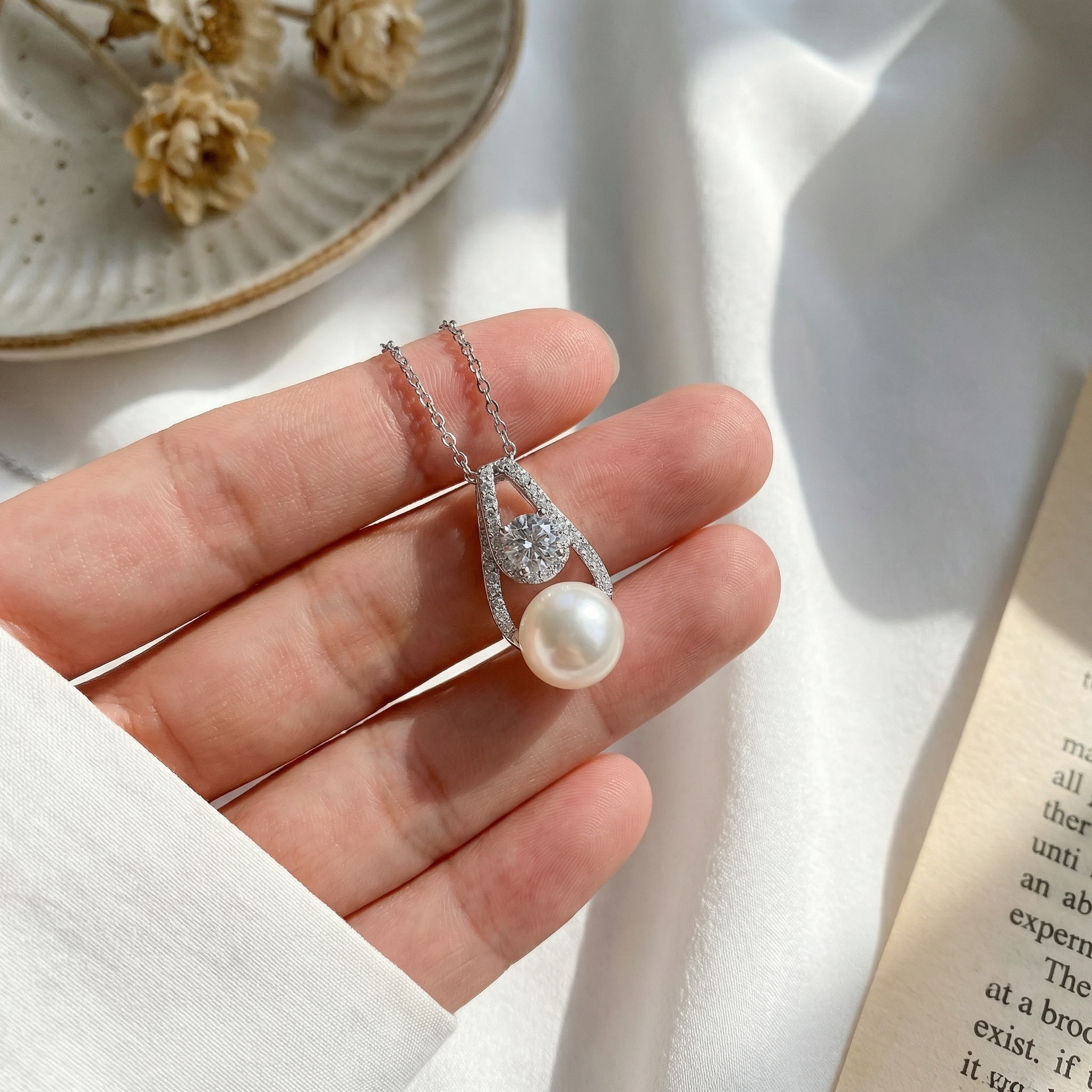 Round Pearl Pendant 925 Sterling Silver Necklace for Women, Stylish Versatile Fashion Pendant