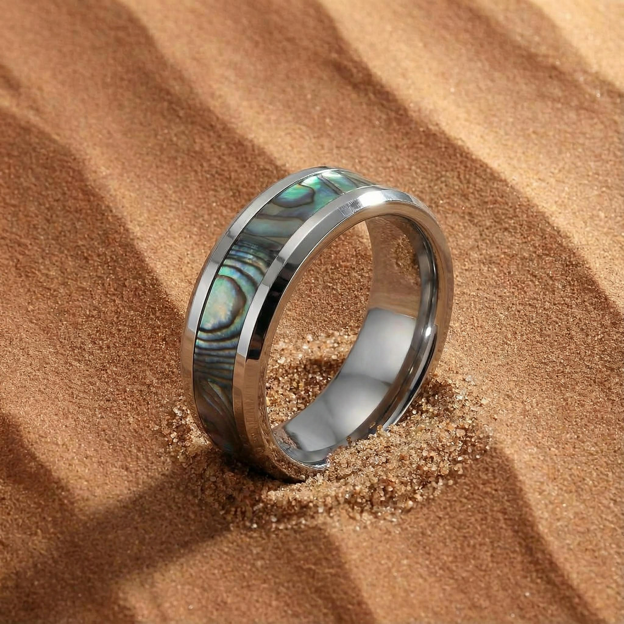 Iridescent Abalone Inlay Tungsten Couple Bands