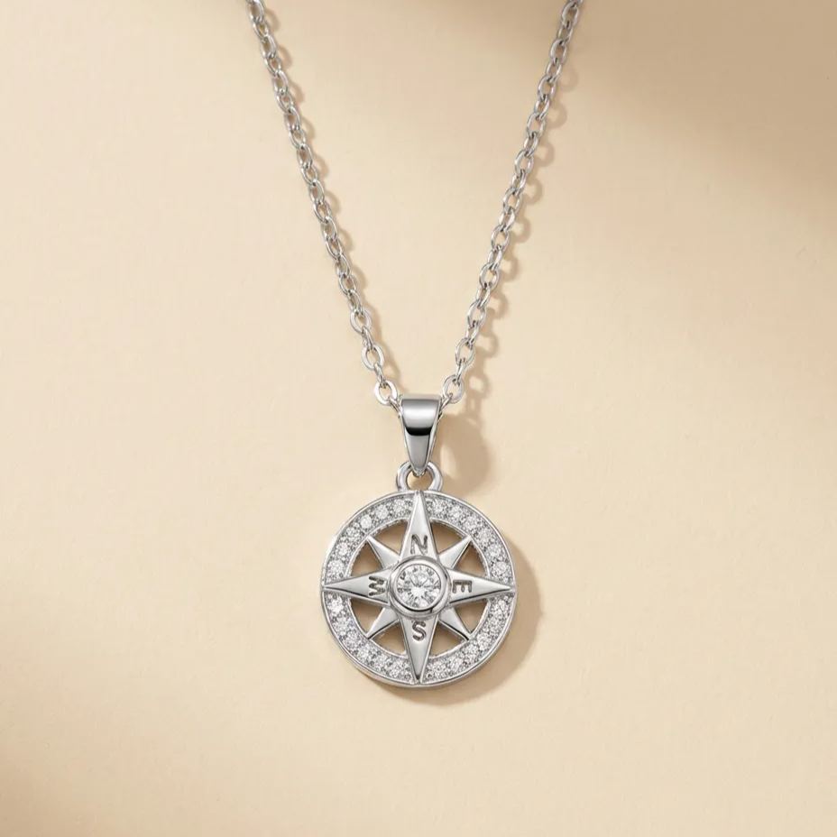 Women's Mystical Octagram Compass Necklace, 925 Sterling Silver with Diamond Accents