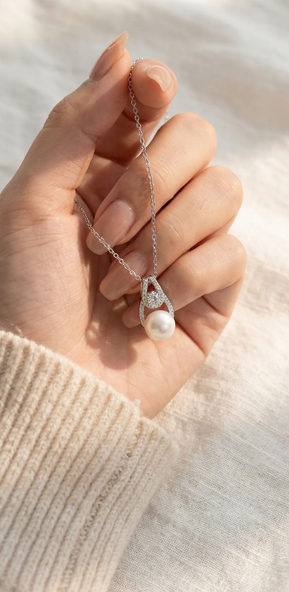 Round Pearl Pendant 925 Sterling Silver Necklace for Women, Stylish Versatile Fashion Pendant