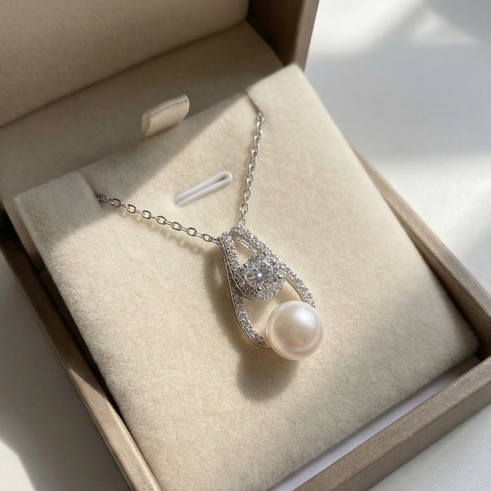 Round Pearl Pendant 925 Sterling Silver Necklace for Women, Stylish Versatile Fashion Pendant