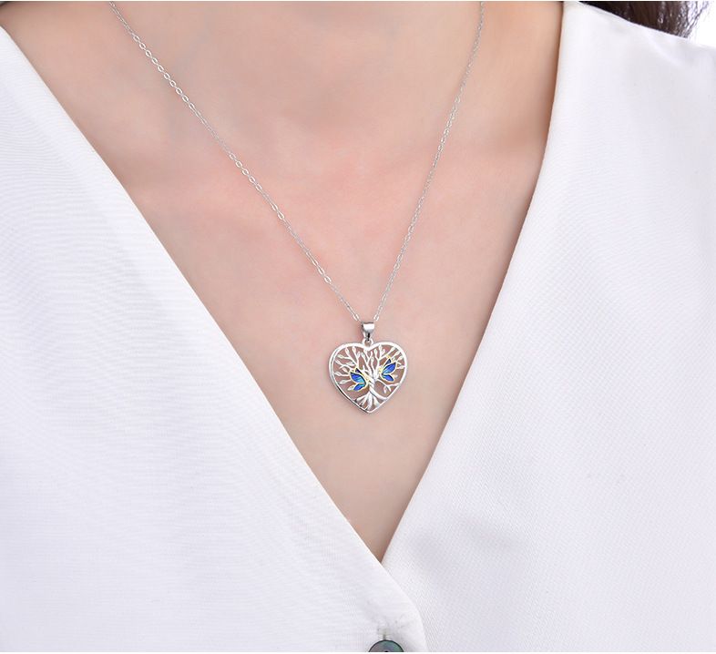 Enchanted Heart Pendant: Tree of Life with Whispering Blue Butterflies, 925 Sterling Silver-stylishnooks