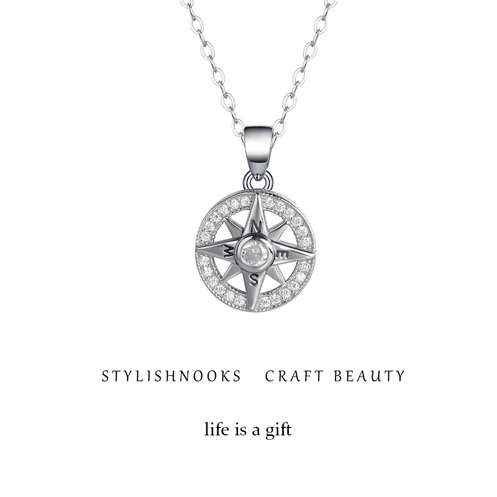 Women's Mystical Octagram Compass Necklace, 925 Sterling Silver with Diamond Accents-stylishnooks