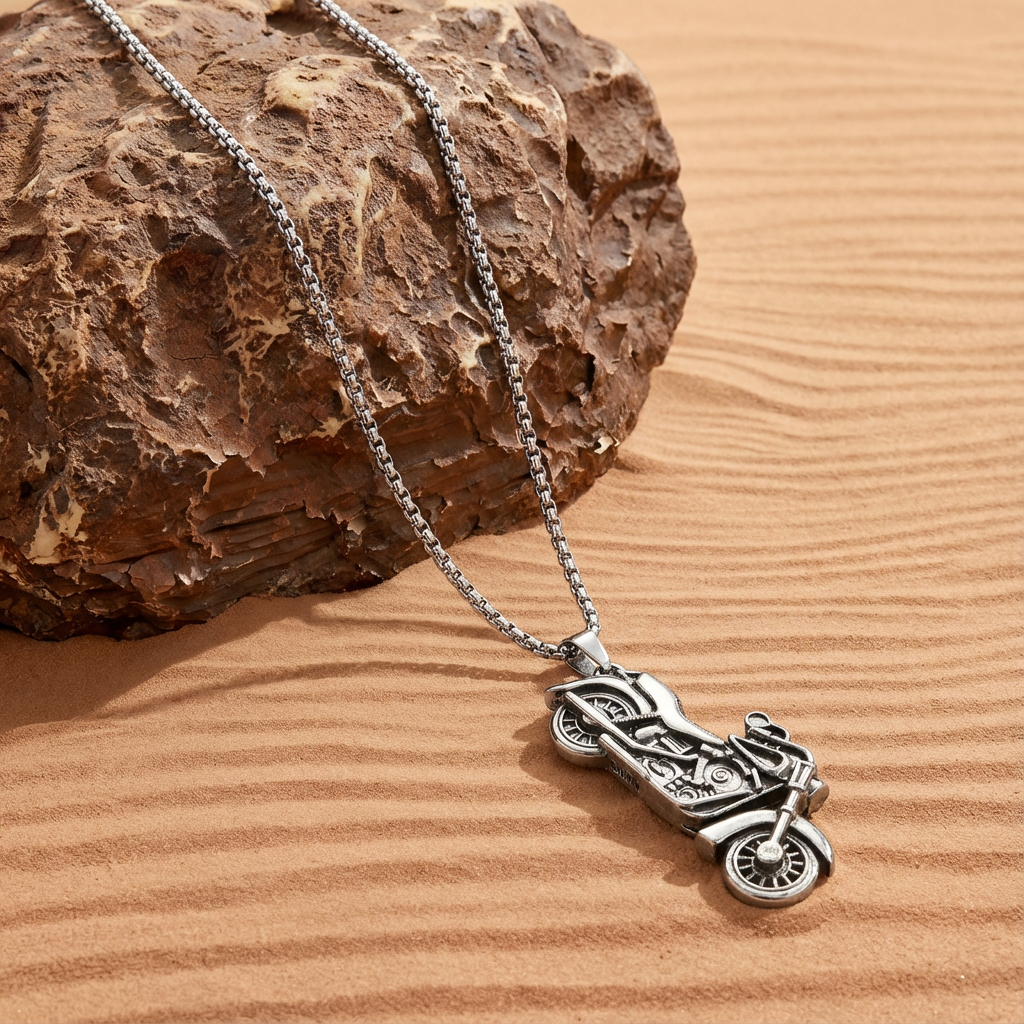 Vintage Motorcycle Pendant Necklace, Retro Mechanical Men's Jewelry