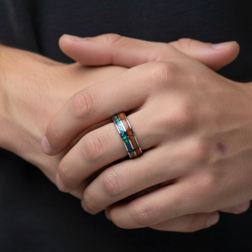 Stainless Steel Double Groove Ring - Shell & Red Wood Inlay