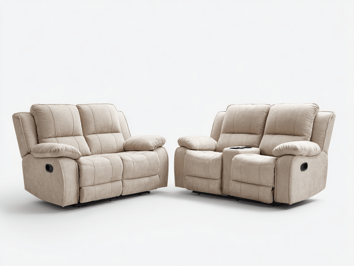 Ensemble de 2 canapés relax 2 places – tissu beige – version avec console centrale et accoudoirs rembourrés-Nicheena