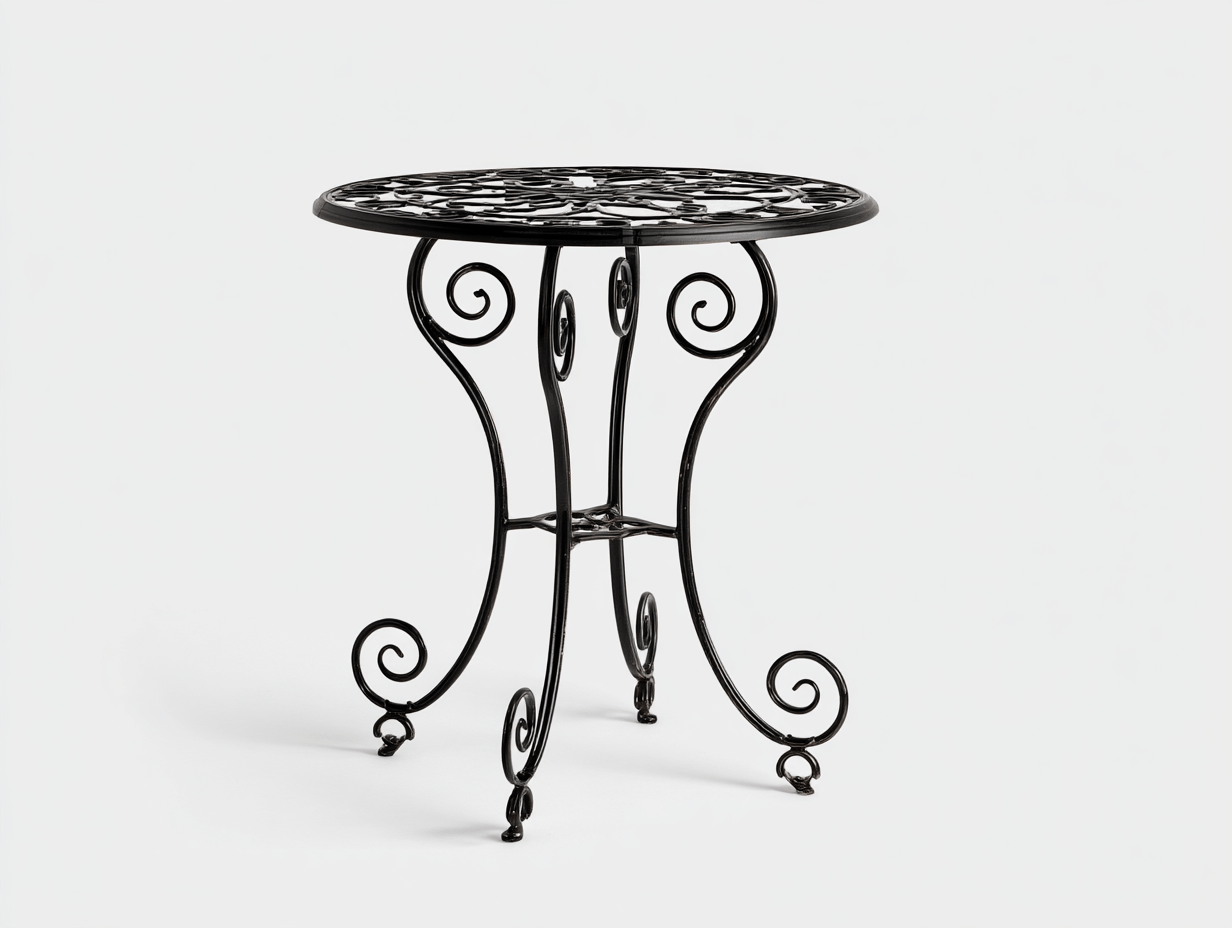 Table de jardin ronde – métal forgé noir – style classique avec motifs ajourés-Nicheena