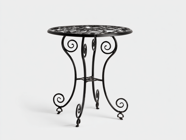 Table de jardin ronde – métal forgé noir – style classique avec motifs ajourés-Nicheena