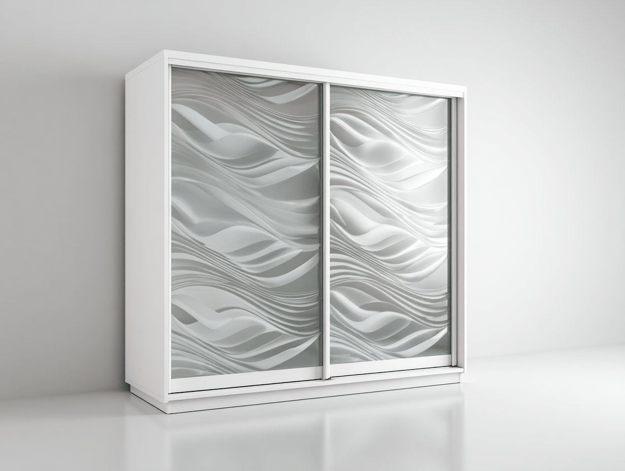 Armoire en bois 212×165×62 cm – blanc avec portes coulissantes décor ondulé 3D – design moderne deux portes-Nicheena