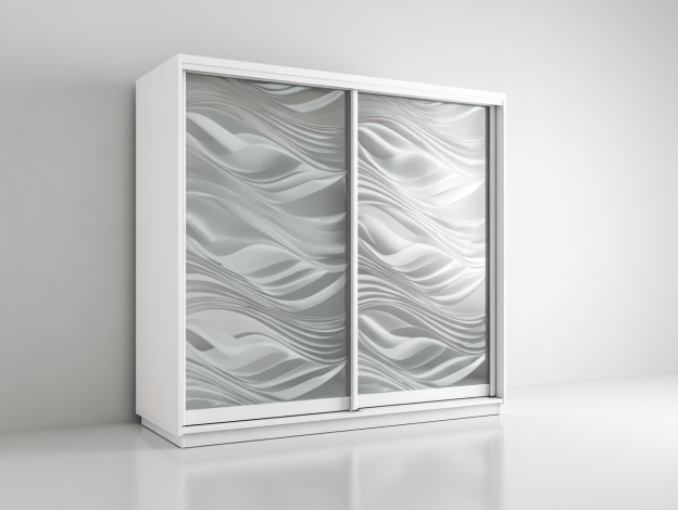 Armoire en bois 212×165×62 cm – blanc avec portes coulissantes décor ondulé 3D – design moderne deux portes-Nicheena
