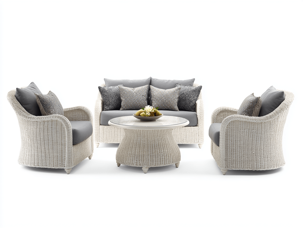 Salon de jardin en rotin blanc – canapé et fauteuils – coussins gris – table basse ronde en verre – style élégant-Nicheena