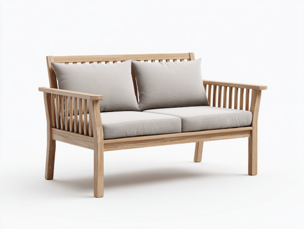 Canapé de jardin 2 places – bois naturel et coussins gris clair – style scandinave – usage extérieur-Nicheena