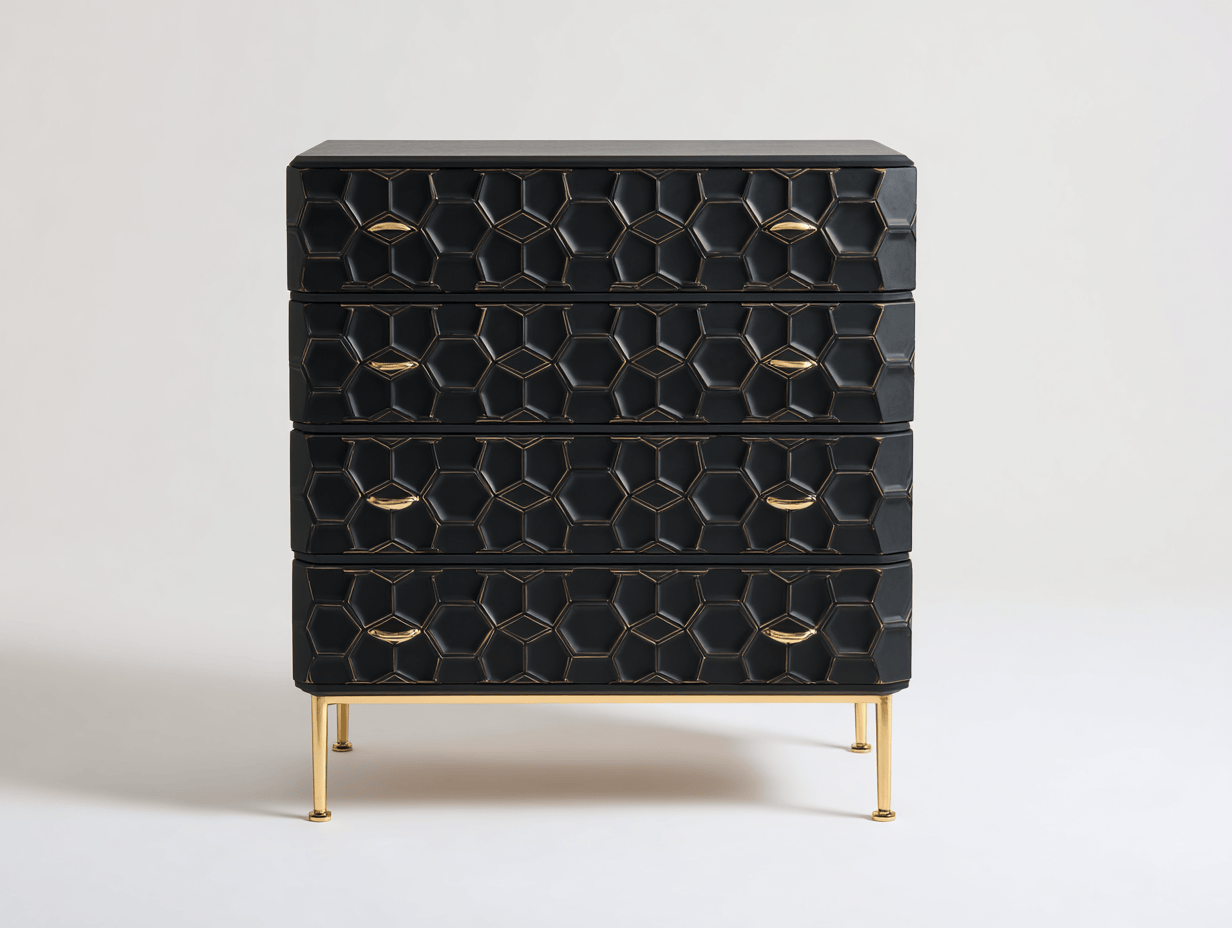 Commode 4 tiroirs – noir et doré – design alvéolé moderne-Nicheena