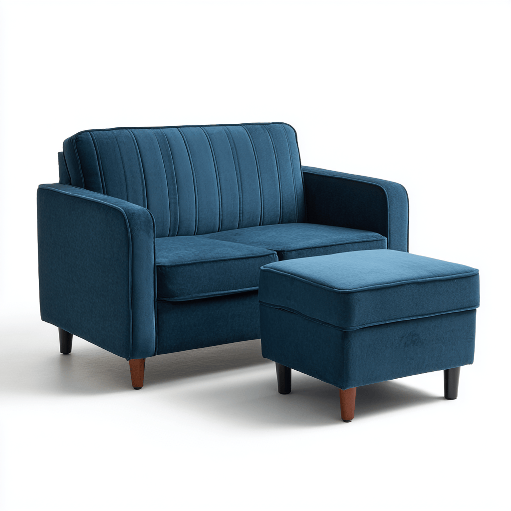 Ensemble canapé 2 places avec repose-pieds – tissu velours bleu – style rétro – assise compacte-Nicheena